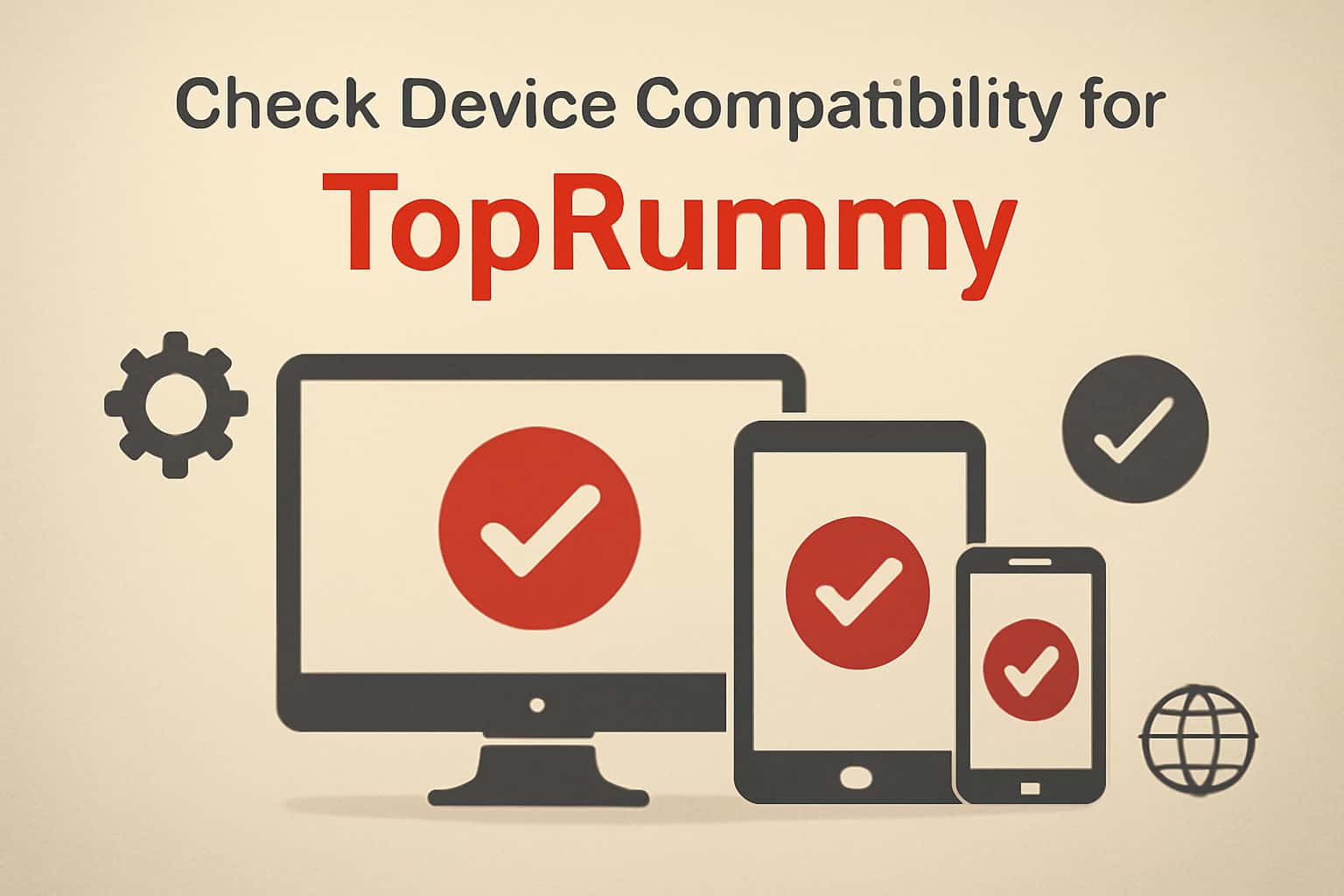 An informational scene on device compatibility for TopRummy with thematic colors.