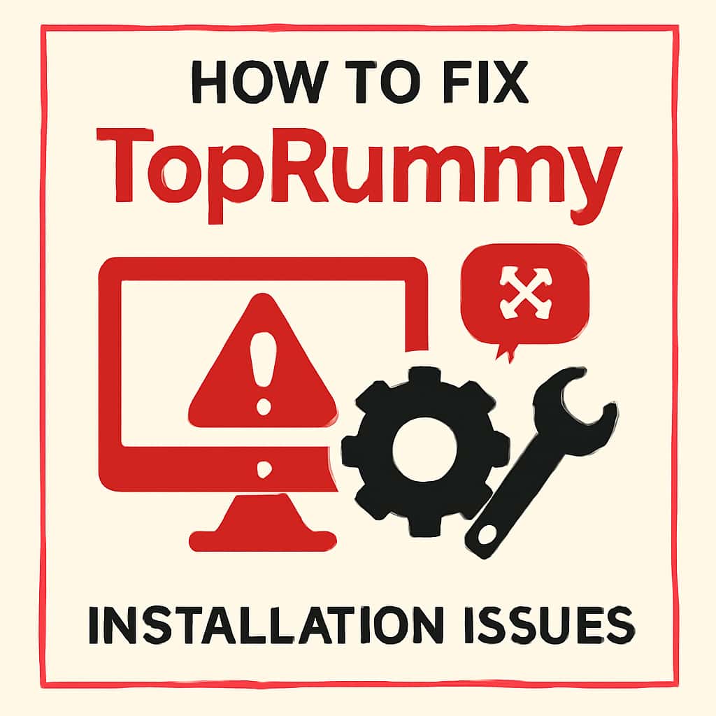Illustration showing steps to resolve TopRummy installation issues.